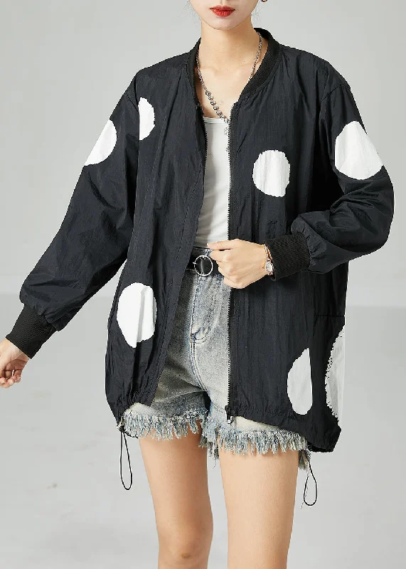 Black Dot Print Silk Jacket Stand Collar Drawstring Spring Nylon Jacket Polyester Jacket Spandex Jacket