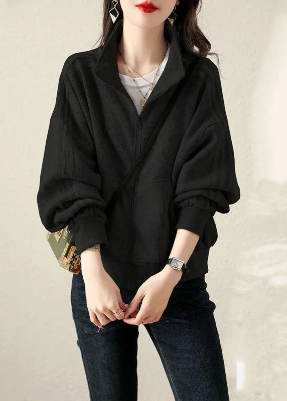 Black Patchwork Cotton Jackets Oversized Zippered Fall Cotton Jacket Linen Jacket Terry Jacket