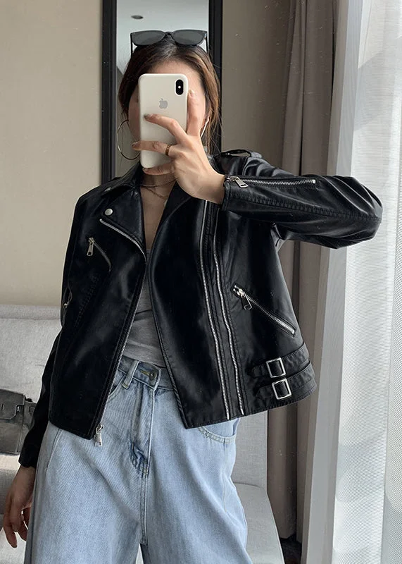 Black Pockets Patchwork Faux Leather Jacket Zip Up Fall Satin Jacket Silk Jacket Chiffon Jacket