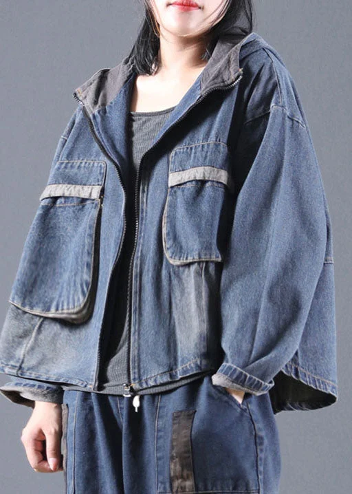 Blue Pockets denim Jacket Zip Up Spring Satin Jacket Silk Jacket Chiffon Jacket