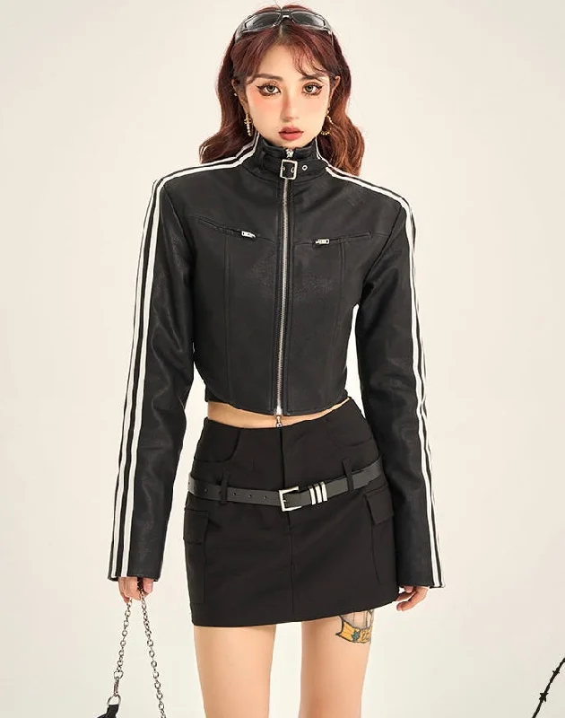 Brianna Solid Color Black Faux Leather Striped Sleeves Zip Up Long Sleeve Turtleneck Jacket Top Jersey Jacket Tulle Jacket Batik Jacket