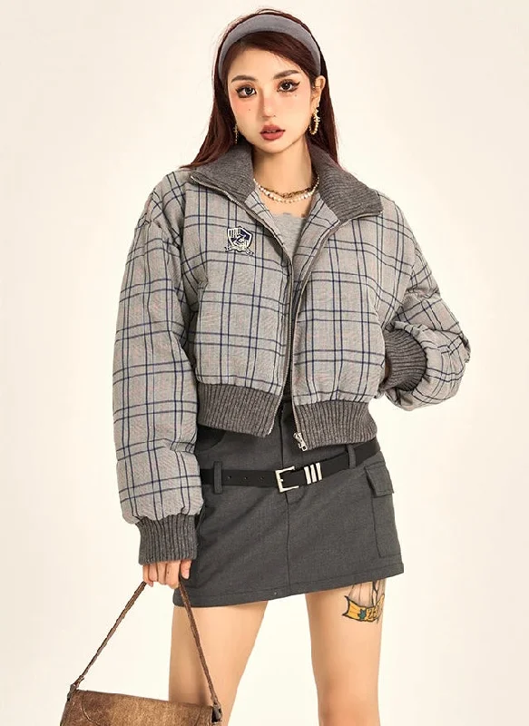 Brielle Plaid Grey Long Sleeve Zip Up Turtleneck Cropped Bomber Jacket Cotton Fabric Linen Fabric Terry Fabric