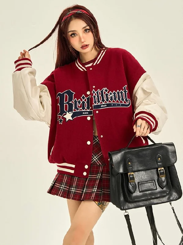 Brilliant Baggy Red Patchwork Varsity Jacket Plaid Jacket Tartan Jacket Houndstooth Jacket