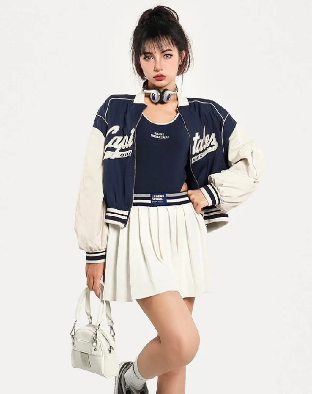 CAPITALES Embroidery Long Sleeve Cropped Varsity Jacket Zippered Jacket Buttoned Jacket Snapped Jacket