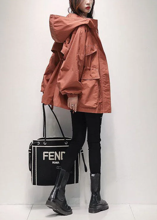 Classy Brick Red Hooded Drawstring Fine Cotton Filled Cinch Jackets Spring Hooded Jacket Caped Jacket Shawl Collar Jacket