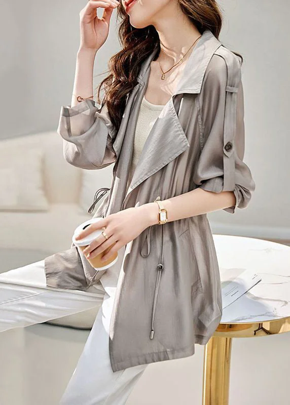 Classy Grey Lapel Cinched UPF 50+ Coat Jacket Fall Hooded Jacket Caped Jacket Shawl Collar Jacket