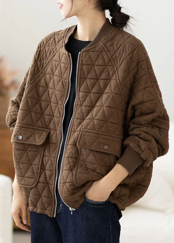 Coffee Zippered Cozy Warm Jacket Long Sleeve Ribbed Jacket Pleated Jacket Ruffled Jacket