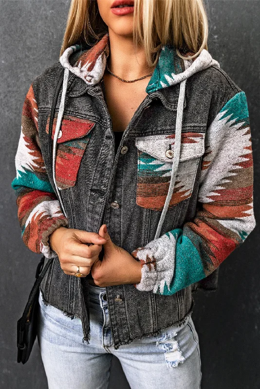 Drawstring Hooded Pocketed Denim Jacket A-Line Jacket Boat Neck Shawl Collar