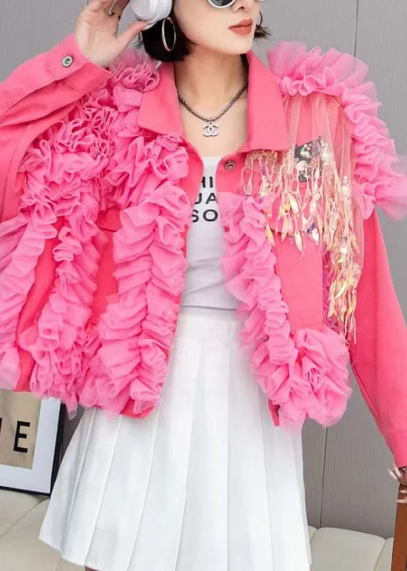 Fashion Pink Tulle Ruffled Tasseled Patchwork Denim Jackets Spring Elasticated Jacket Padded Jacket Insulated Jacket