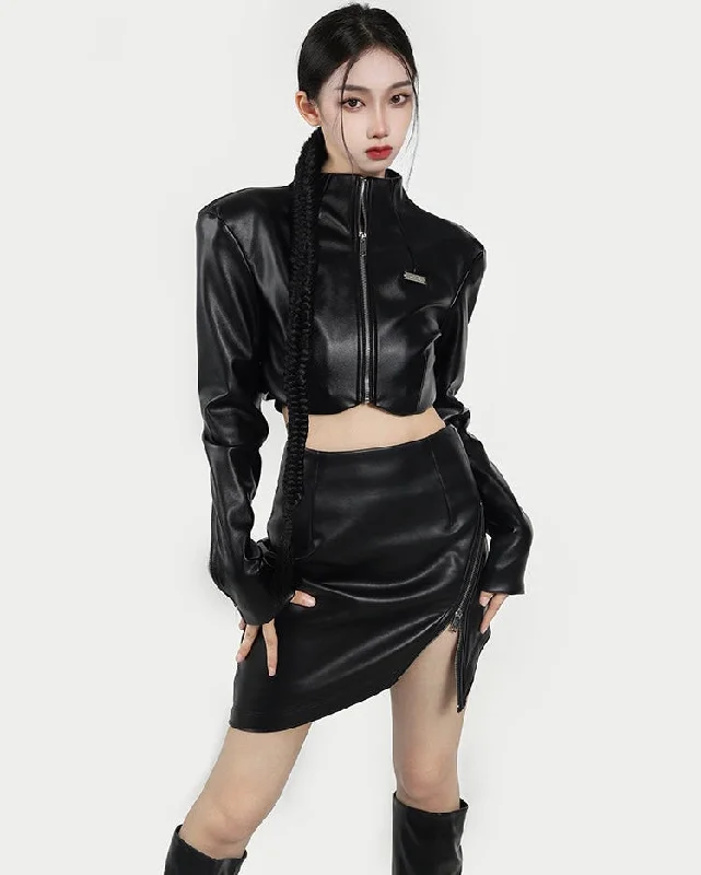 Kierra Solid Color Cropped Turtleneck Jacket Side Zip Up Slit Mini Skirt Matching Set Nylon Fabric Polyester Fabric Spandex Fabric