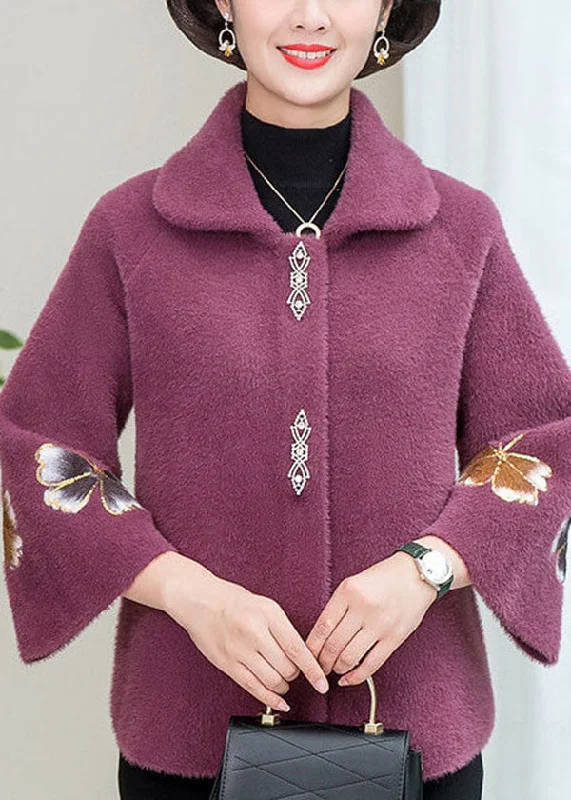 Light Purple Mink Hair Knitted Jackets Square Collar Embroideried Winter Ribbed Jacket Pleated Jacket Ruffled Jacket