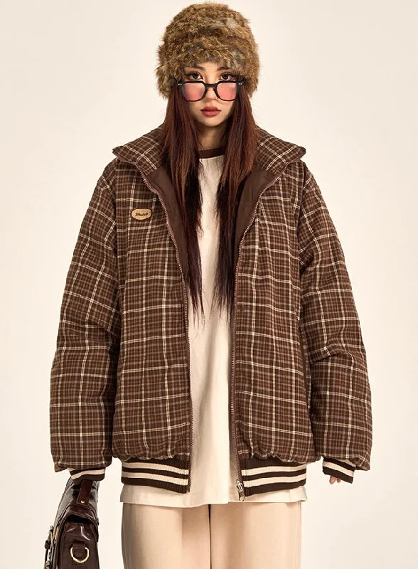 Lillie Brown Plaid Long Sleeve Zip Up Turtleneck Bomber Jacket Zippered Front Buttoned Front Snap Front