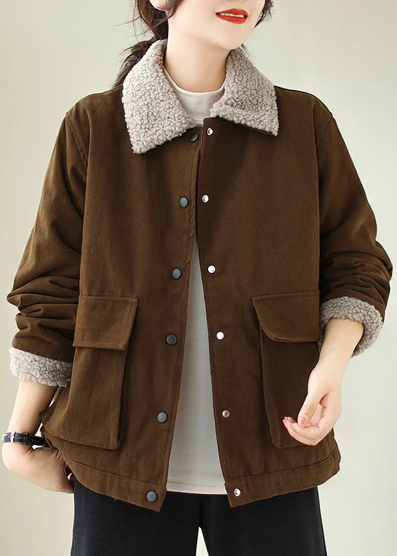 New Coffee Peter Pan Collar Pockets Fleece Wool Lined Jacket Winter V-Neck Jacket Boat Neck Jacket Square Neck Jacket