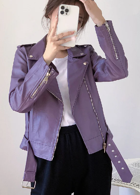 Organic Purple Zip Up Pockets Patchwork Faux Leather Jacket Fall Boat Neck Shawl Collar Notched Collar