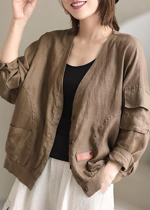 Plus Size Khaki V Neck Loose Button Fall Long sleeve Jacket Hooded Jacket Caped Jacket Shawl Collar Jacket