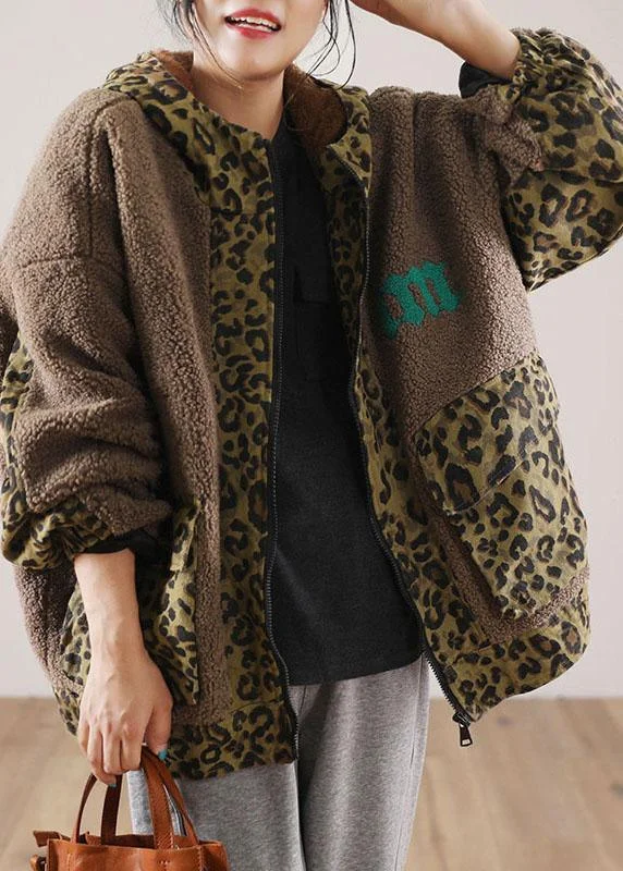 Stylish Brown Hooded Patchwork Leopard Faux Fur Jackets Winter Rayon Jacket Velvet Jacket Corduroy Jacket