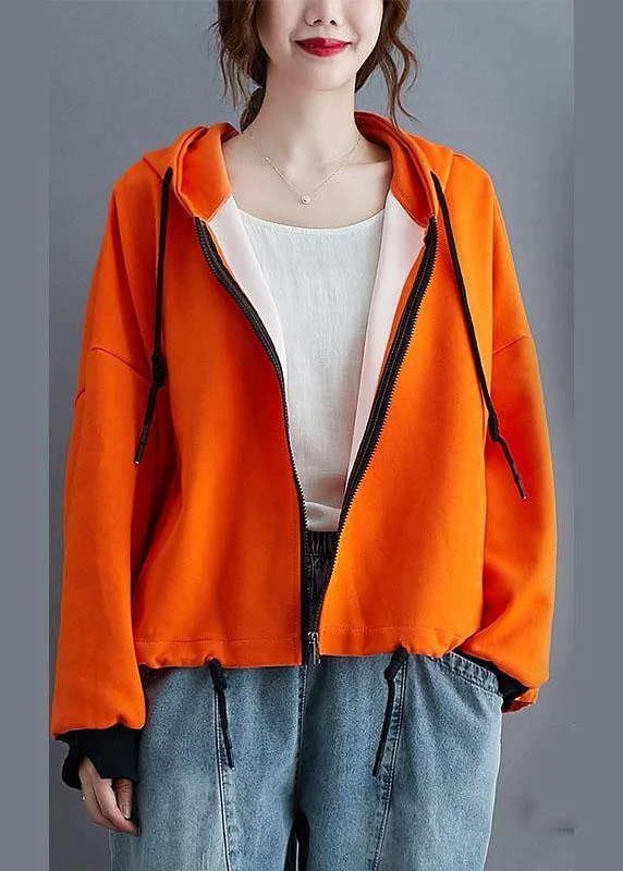 Unique Orange hooded zippered drawstring Fall Jacket Long sleeve Hoodie Zip-Up Jacket Button-Up Jacket