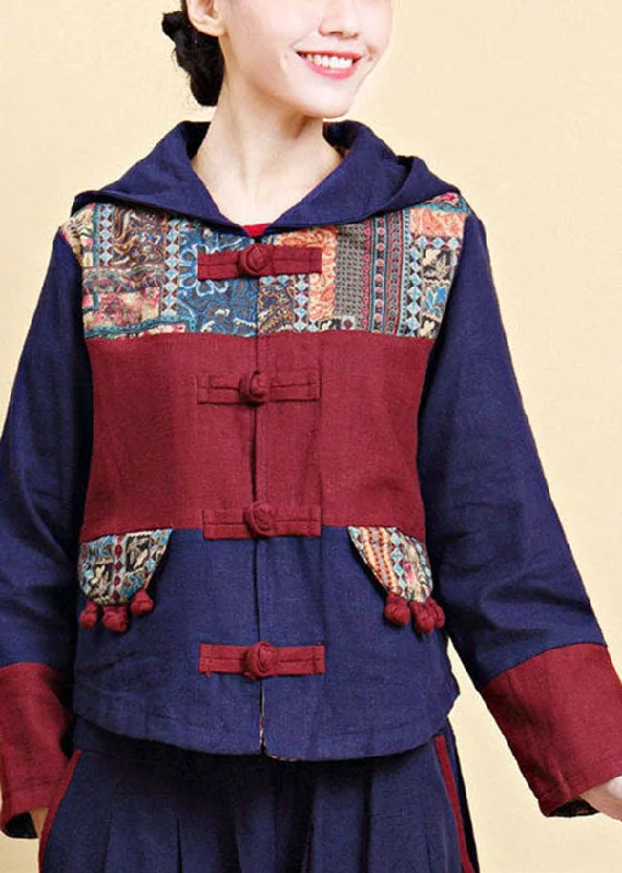 Vintage Blue Hooded Patchwork Oriental Button Linen Jacket Fall Zip Front Button Front Snap Front