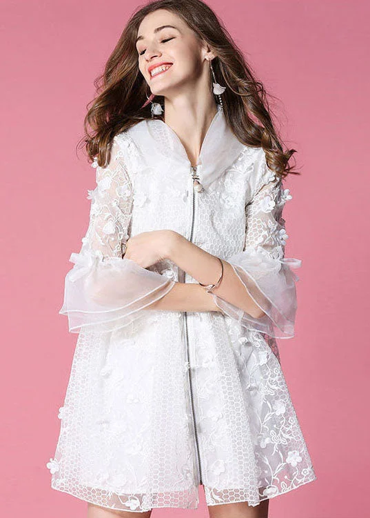 Women White Hooded Hollow Out Applique Organza Jacket Spring Embroidered Jacket Appliqued Jacket Beaded Jacket