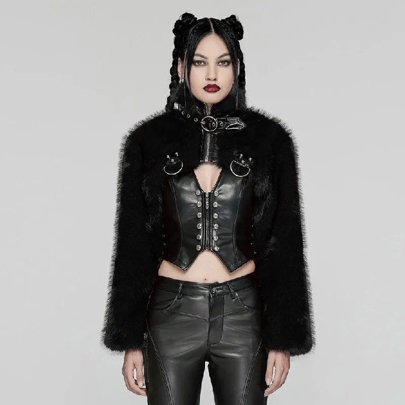 Women's Punk Stand Collar Faux Fur Short Jacket Black Stand-Up Collar Roll-Neck Collar Turtle Neck