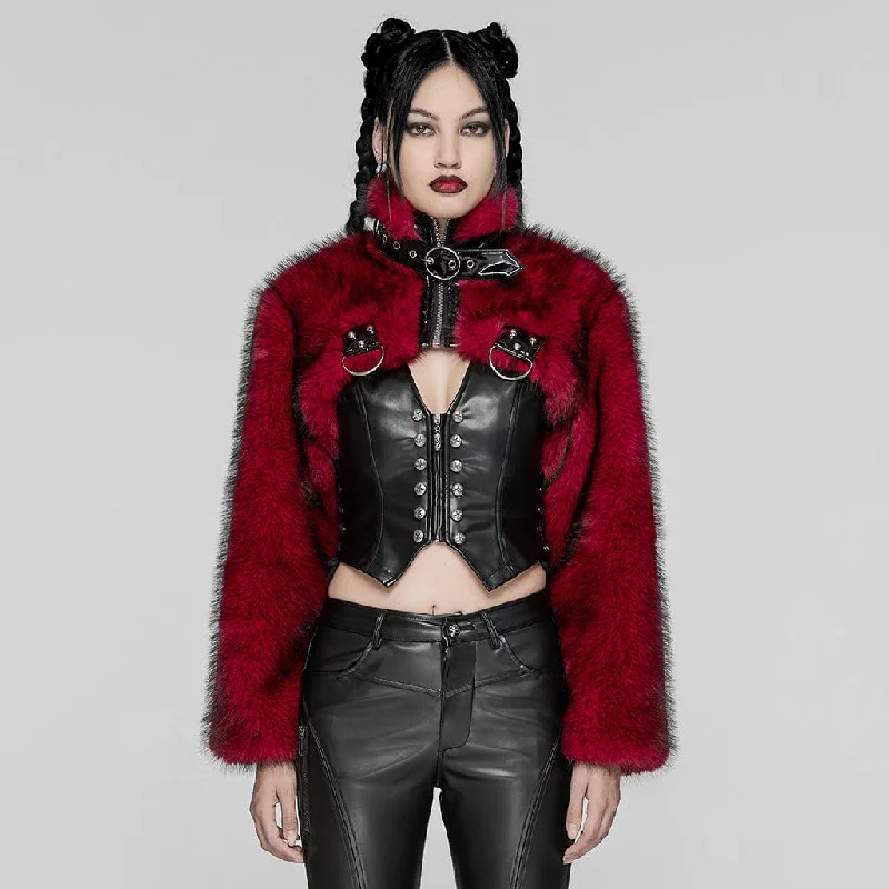 Women's Punk Stand Collar Faux Fur Short Jacket Red Nylon Jacket Polyester Jacket Spandex Jacket