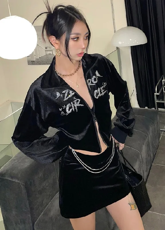 Zerocircle Solid Color Black Rhinestone Letter Zip Up Jacket Mini Skirt Matching Set V-Neck Jacket Boat Neck Jacket Square Neck Jacket