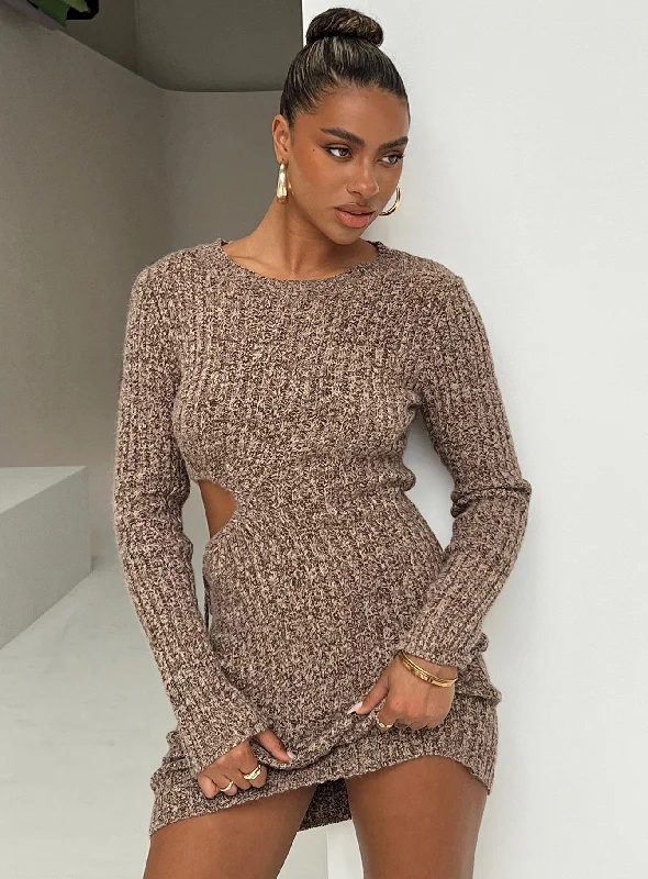 Agena Long Sleeve Mini Dress Brown Elegant Off-Shoulder Dress Mini