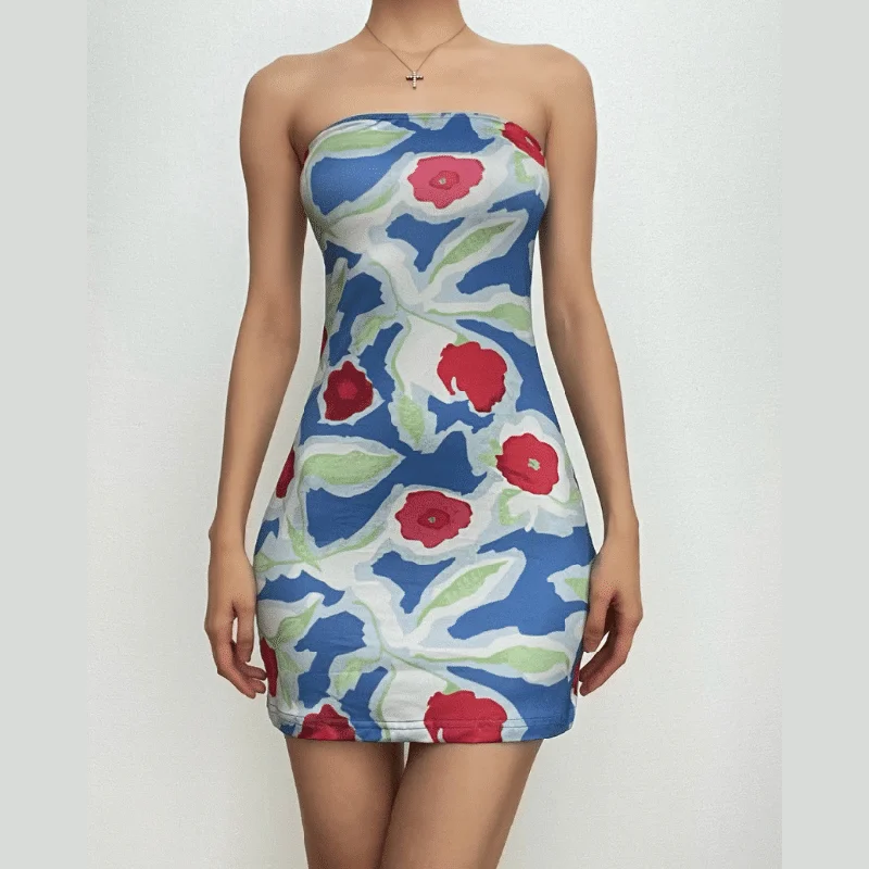 Backless sleeveless flower print contrast tube mini dress Trendy A-Line Mini Dress