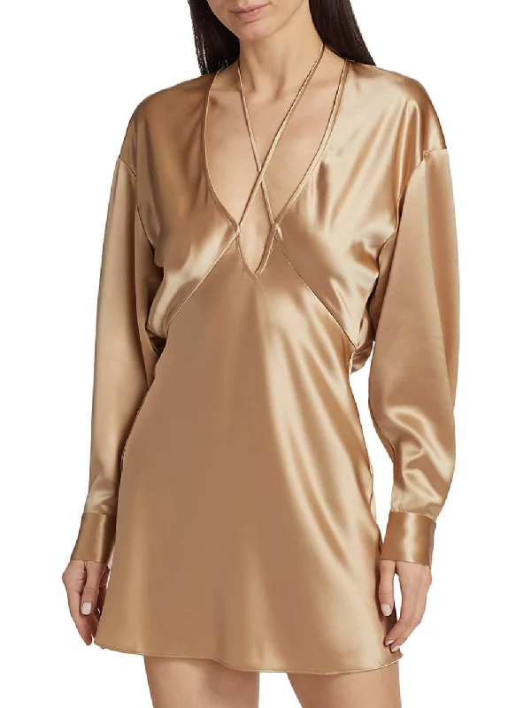 Delicate Strappy Deep V-Neck Graceful Tela Satin Mini Dress Elegant Sequin Mini Dress