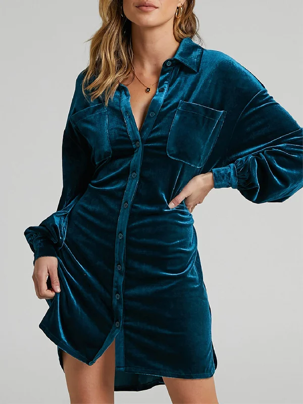 Collared Neck Button Down Long Sleeve Mini Dress Cozy Ribbed Mini Dress