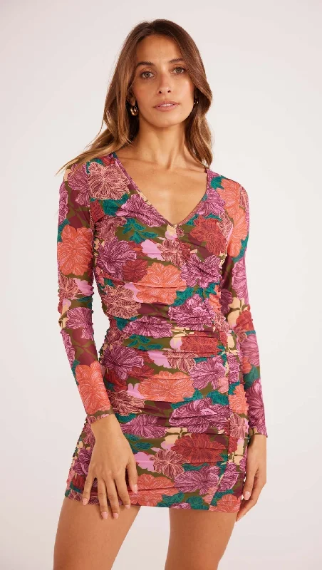 Minkpink - Zora Ruched Mini Dress in Fall Floral Fashionable Button-Front Mini Dress