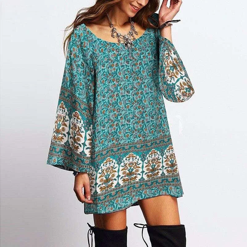 Floral Bohemian Oversized Mini Dress Fashionable Denim Mini Dress