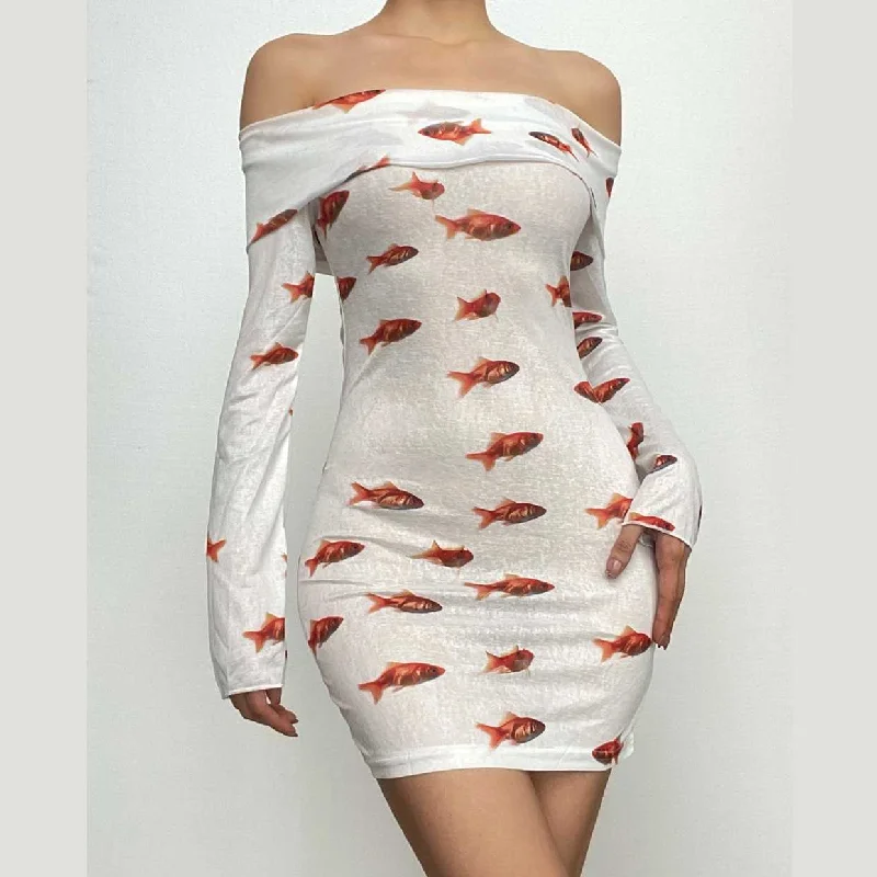 Goldfish print off shoulder long sleeve mini dress Comfortable Smocked Mini Dress