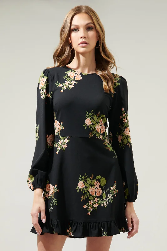 Jasleen Floral Long Sleeve Ruffle Mini Dress Trendy Button-Detail Mini Dress