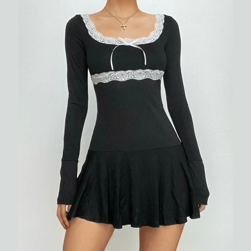 Lace hem square neck contrast long sleeve ruffle mini dress Elegant Tulle Mini Dress