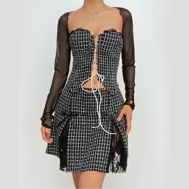 Long sleeve mesh plaid bowknot lace up shrug 2 piece mini dress Stylish Summer Mini Dress