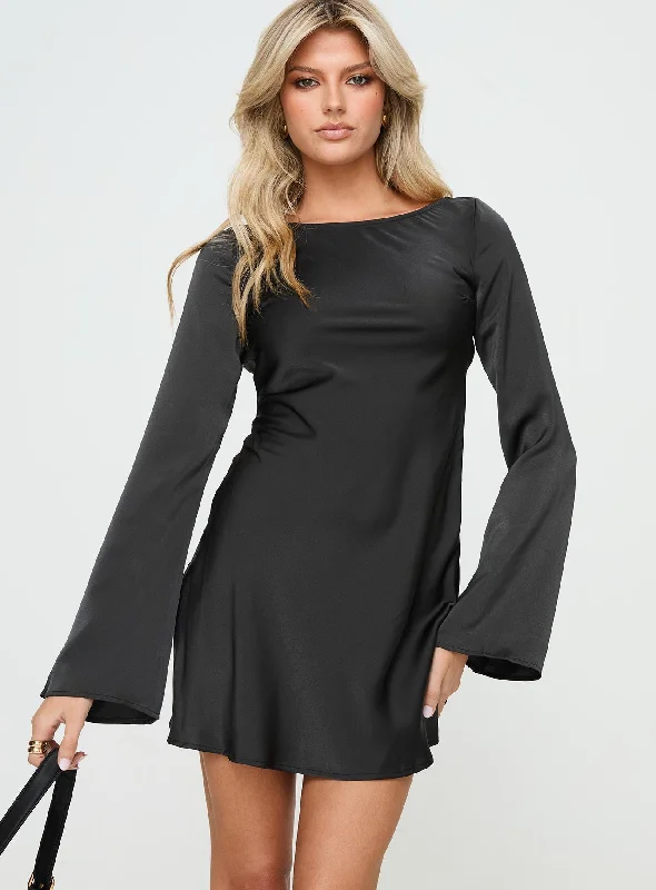 Lukea Long Sleeve Satin Mini Dress Black Chic Tropical Mini Dress