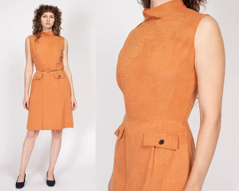 Medium 60s Burnt Orange Mockneck Mini Dress, As Is Casual Button-Up Mini Dress