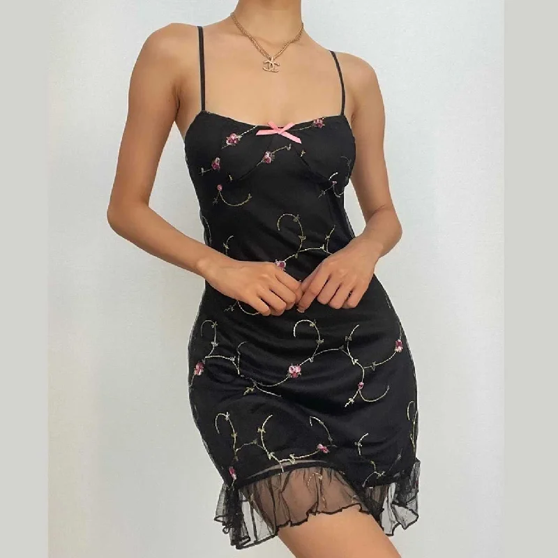 Mesh ruffle backless flower embroidery contrast cami mini dress Elegant Vintage Mini Dress