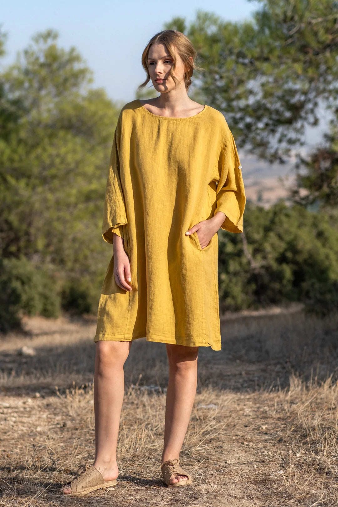 Linen Oversized Mini Dress Mustard Chic Puff Sleeve Mini Dress