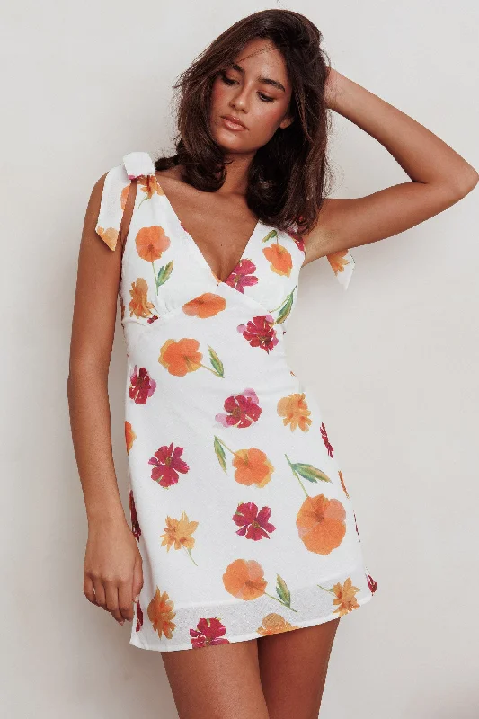 Mykonos Morning Tied Shoulder Mini Dress Flower Orange Cozy Ribbed Mini Dress