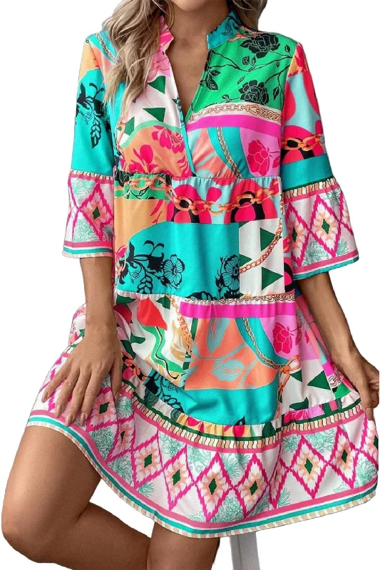 Printed Surplice Half Sleeve Mini Dress Trendy Floral Mini Dress