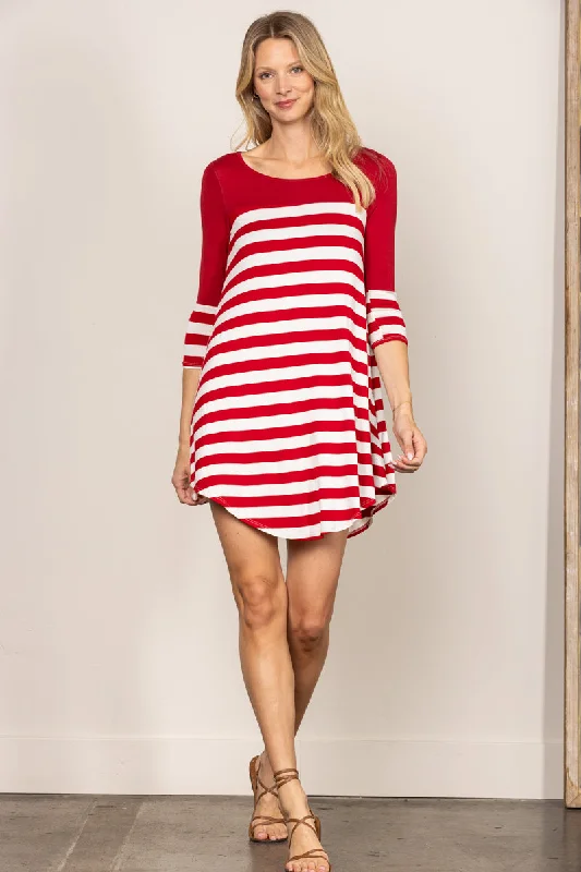 RED STRIPES LONG SLEEVES SWING MINI DRESS D7290 Comfortable Linen Mini Dress