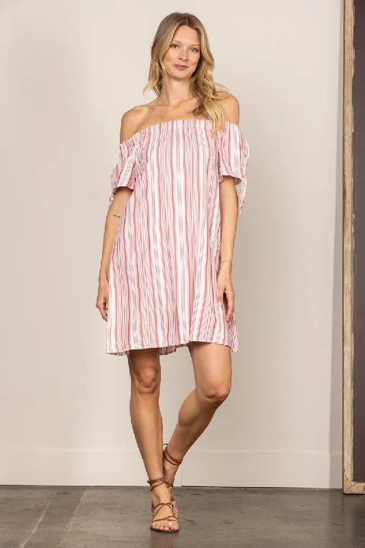 RED STRIPES OFF SHOULDER SELF-TIE SLEEVES MINI DRESS K4954 Cozy Ribbed Mini Dress