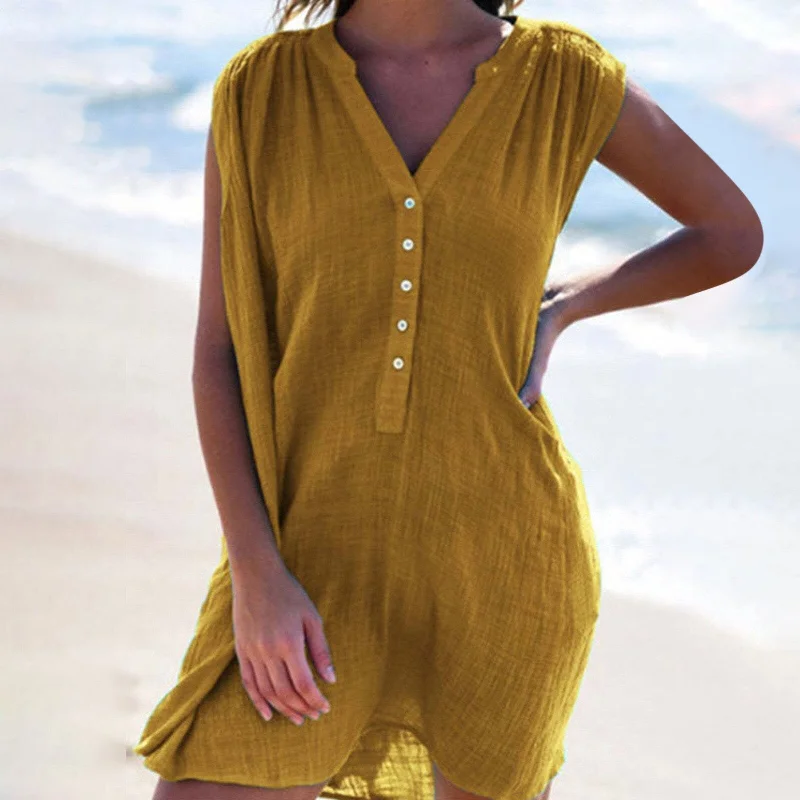 JuliaFashion - 2024 Sleeveless Plus Size Boho Beach Mini Dress Chic Pleated Mini Dress