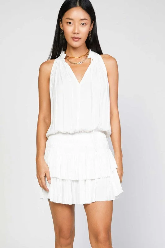 Sleeveless Split Ruffled Neck w/ Tie Mini Dress - White Trendy Bodycon Mini Dress