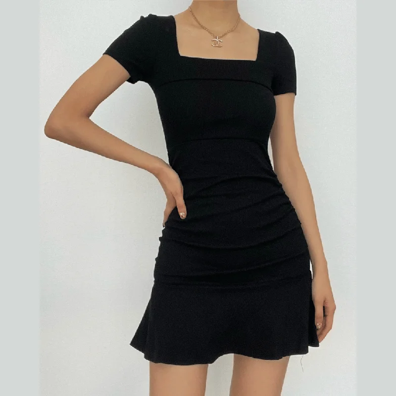 Solid ribbed ruched square neck ruffle short sleeve mini dress Cozy Ruched Mini Dress