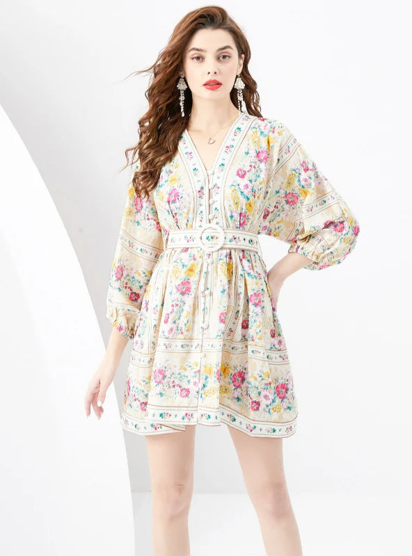 V-neck Lantern Sleeve Retro Printed Mini Dress Chic Sleeveless Mini Dress