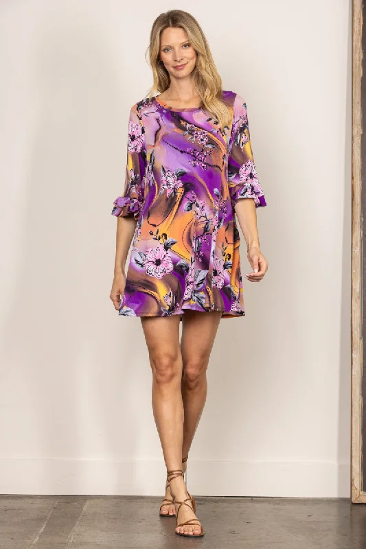 VIOLET FLORAL PRINT RUFFLED 3/4 SLEEVES SWING MINI DRESS VC3478-C Trendy Wraparound Mini Dress