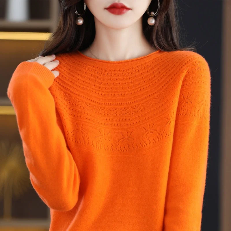 100 Wool Classic Round Neck Cutout Sweater Fashion Cutout Loose Long Sleeve Undercoat New Design Taste Popular Sweater Girl Spandex Blend Rayon Blend Denim Blend